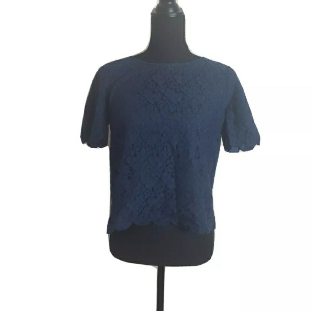 Madewell Lace Cropped Blouse Scalloped Navy Fully Lined Short Sleeved Floral